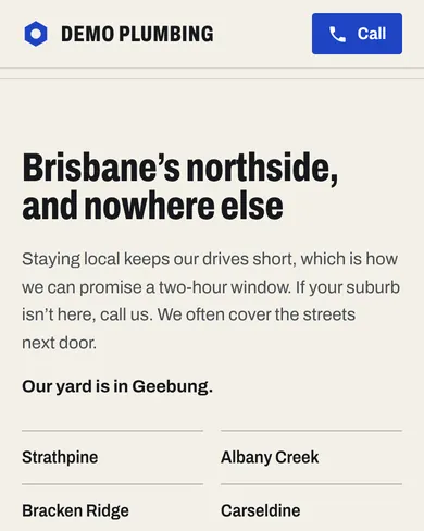 Demo Plumbing's areas section: 'Brisbane's northside, and nowhere else', with its suburbs listed.