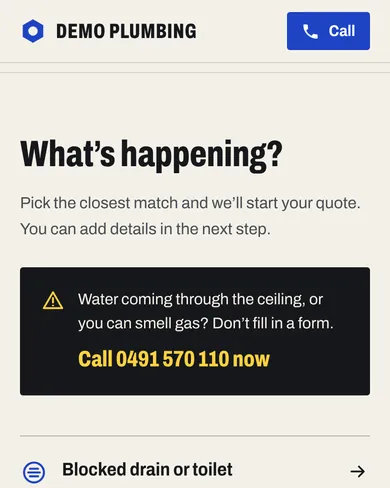 Demo Plumbing's problem picker: 'What's happening?', a call-now box for emergencies, then a list of problems to tap.