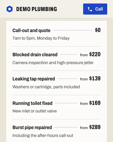 Demo Plumbing's price board: call-out and quote $0, blocked drain cleared from $220, leaking tap from $139, running toilet from $169, burst pipe from $289.