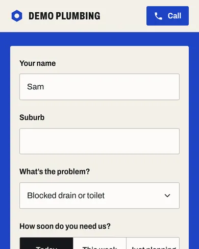 Demo Plumbing's quote form with the problem already filled in from the picker.