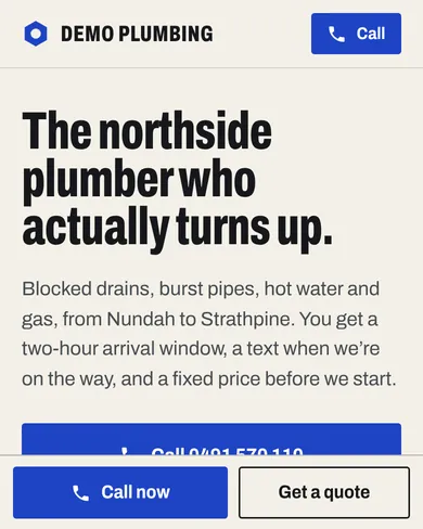 Demo Plumbing's first screen on a phone: the call button in the header, the promise, and a Call now bar pinned to the bottom.