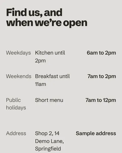Demo Café’s hours, and where it works or where to find it.