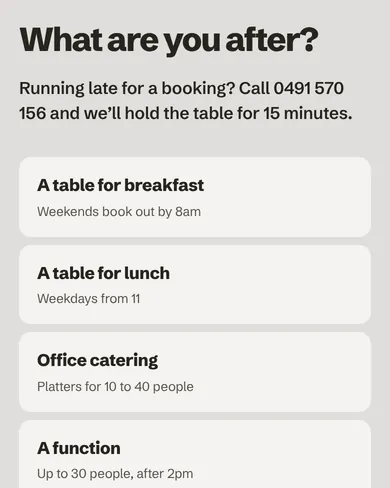 Demo Café’s list of what people come for: tap one to start the form.