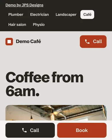 Demo Café’s first screen on a phone: a Call button in the header and two buttons pinned to the bottom.