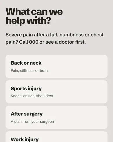 Demo Physio’s list of what people come for: tap one to start the form.