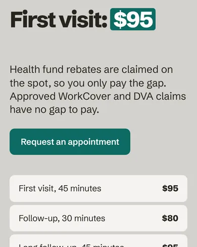 Demo Physio’s prices, set out so people can see them before they call.