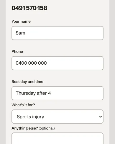 Demo Physio’s short form, with the choice already filled in from the list.