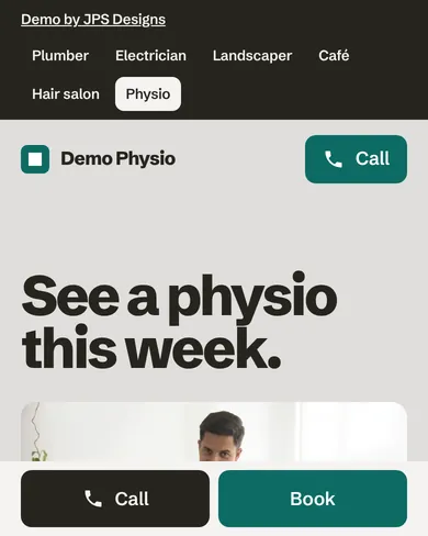 Demo Physio’s first screen on a phone: a Call button in the header and two buttons pinned to the bottom.