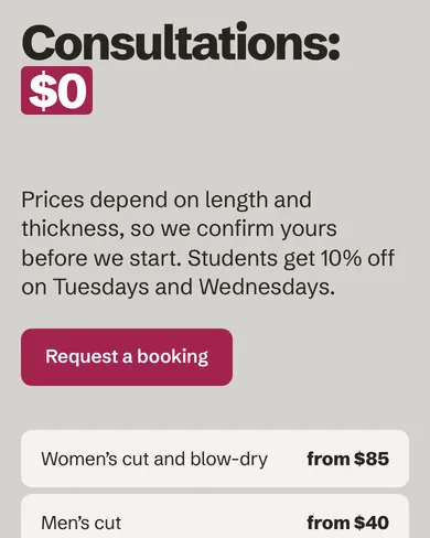 Demo Hair’s prices, set out so people can see them before they call.