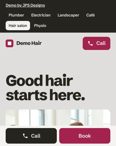 Demo Hair’s first screen on a phone: a Call button in the header and two buttons pinned to the bottom.